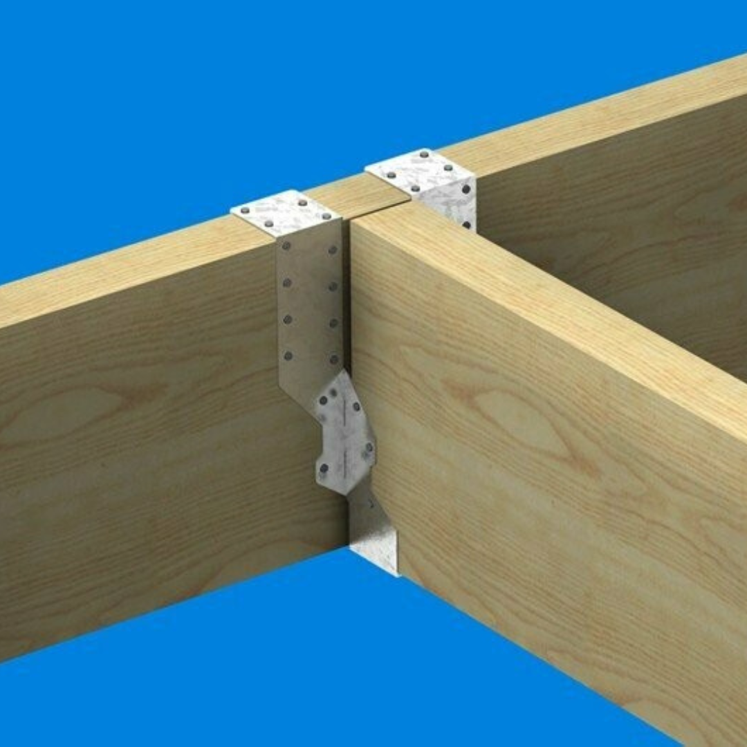 a joist hanger in use connecting the timber to timber