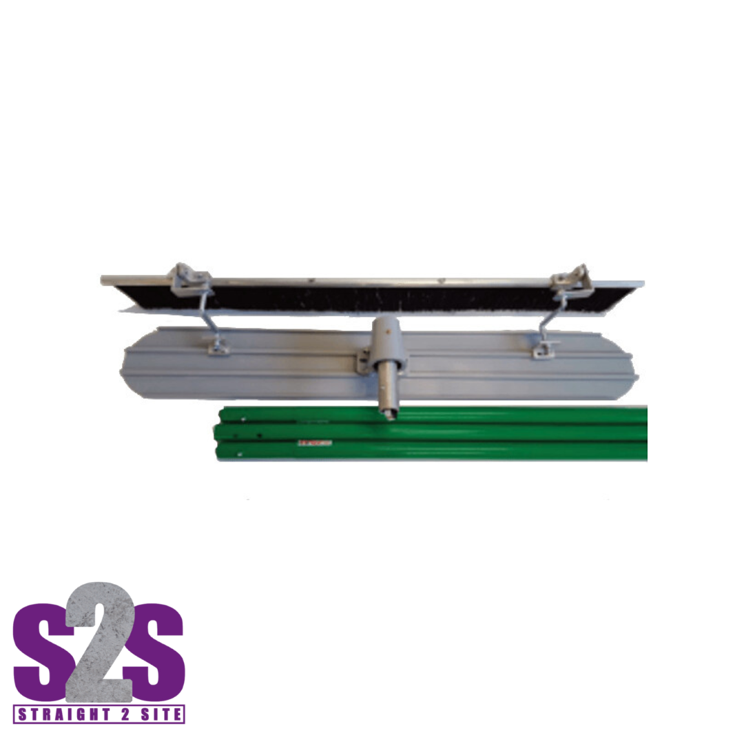 a grey magnesium bullfloat with a green knucklehead and 3 green bullfloat handles and a concrete finishing brush