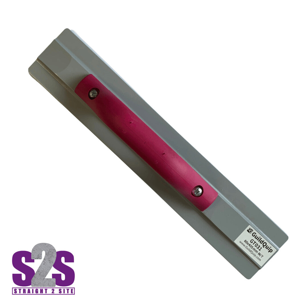 grey magnesium hand trowel with a red handle