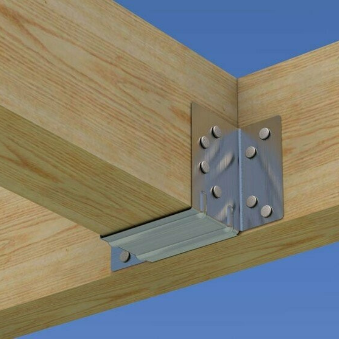 silver mini joist hanger holding a wooden beam