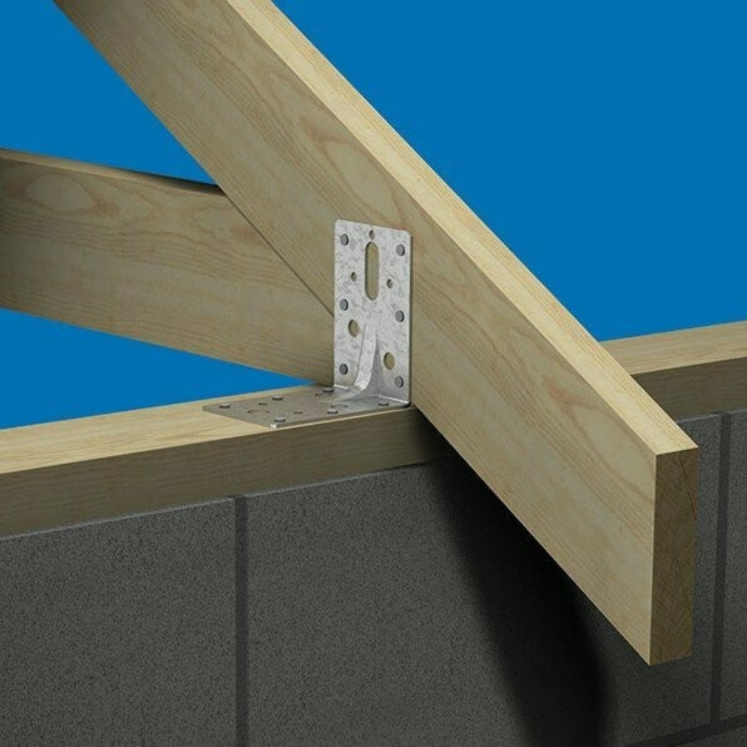 a galvanized angle bracket in use connecting the wood to the wall