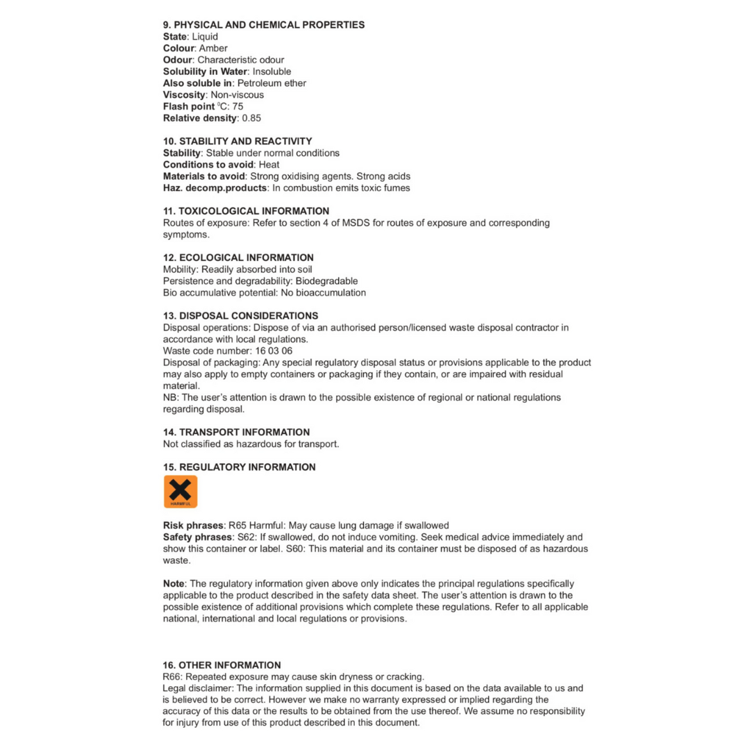 container of concrete mould oil data sheet 2