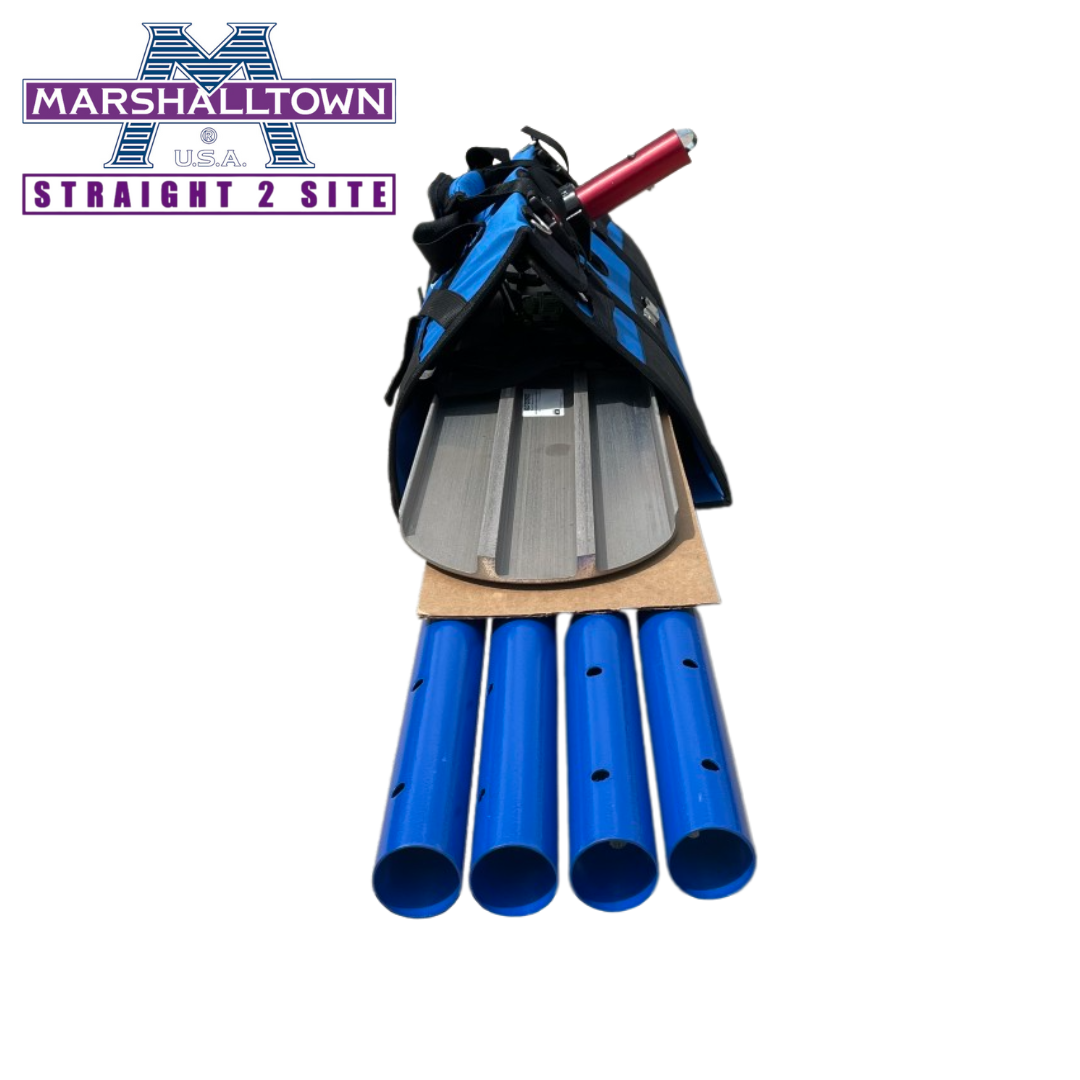 a side view of a blue tote bag with a marshalltown bullfloat kit inside