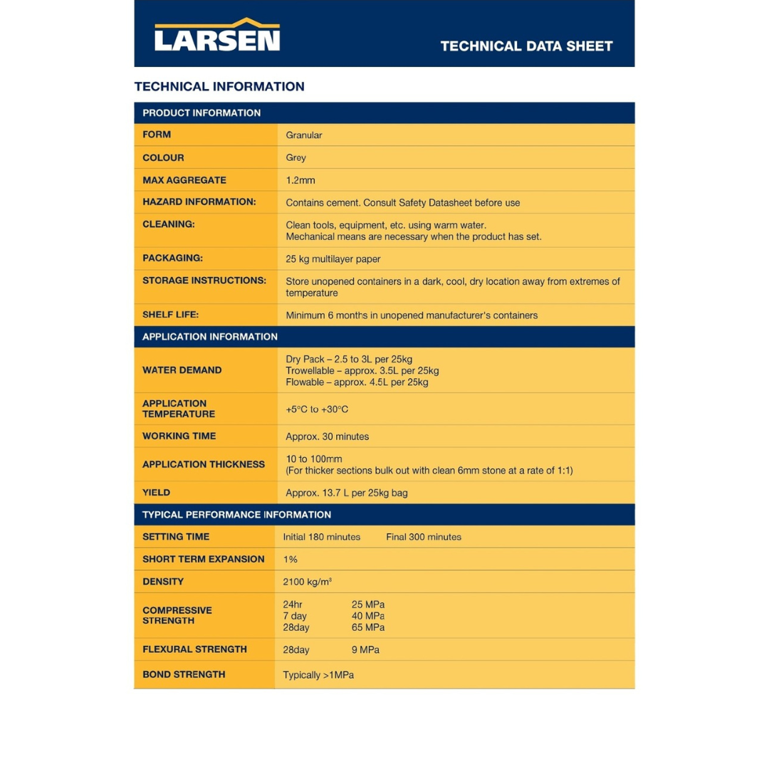 larsen non shrink construction grout data sheet 2