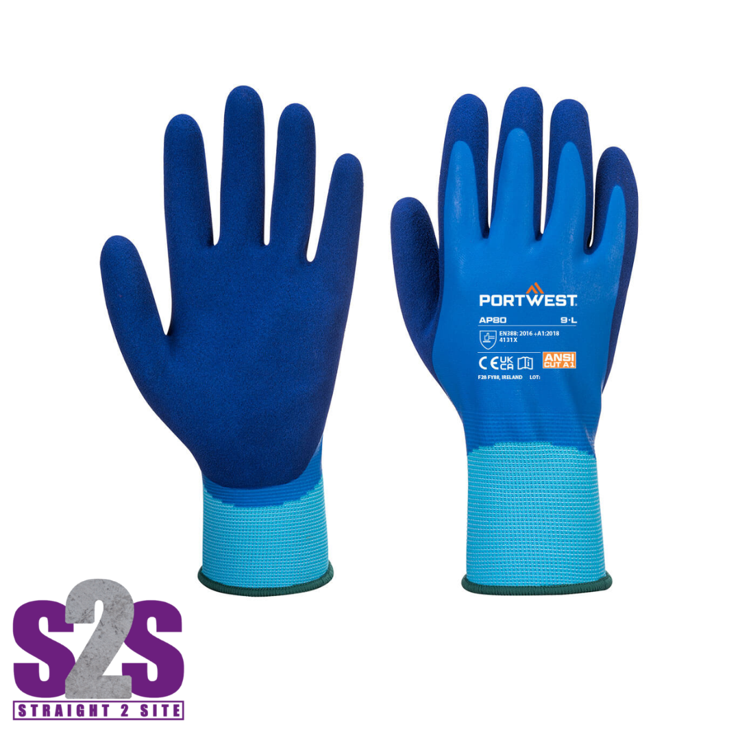 a pair of blue waterproof gloves size large