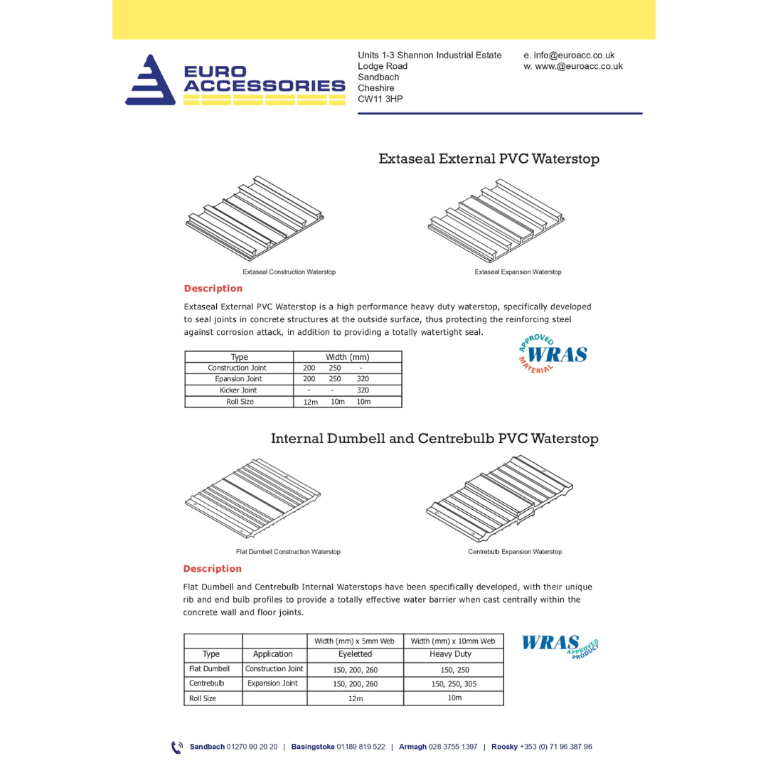 Data sheet page 1 for Extaseal External PVC Waterstop (Waterbar)