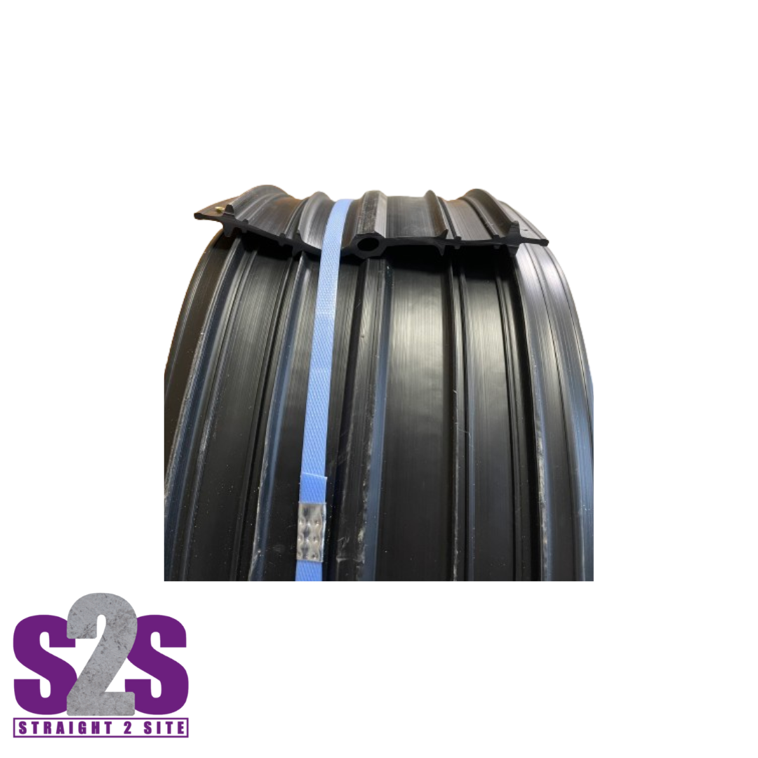 a side view of a roll of black PVC waterbar